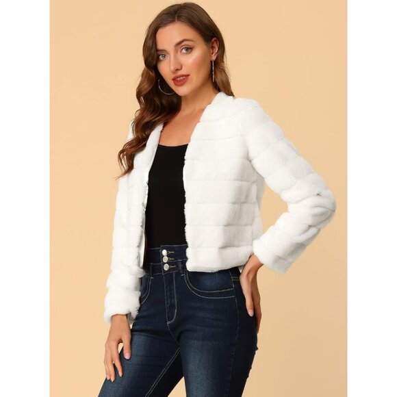 Women's Faux Fur Coat Long Sleeve Cropped Fluffy Jacket Collarless Casual Winter - Picture 5 of 6